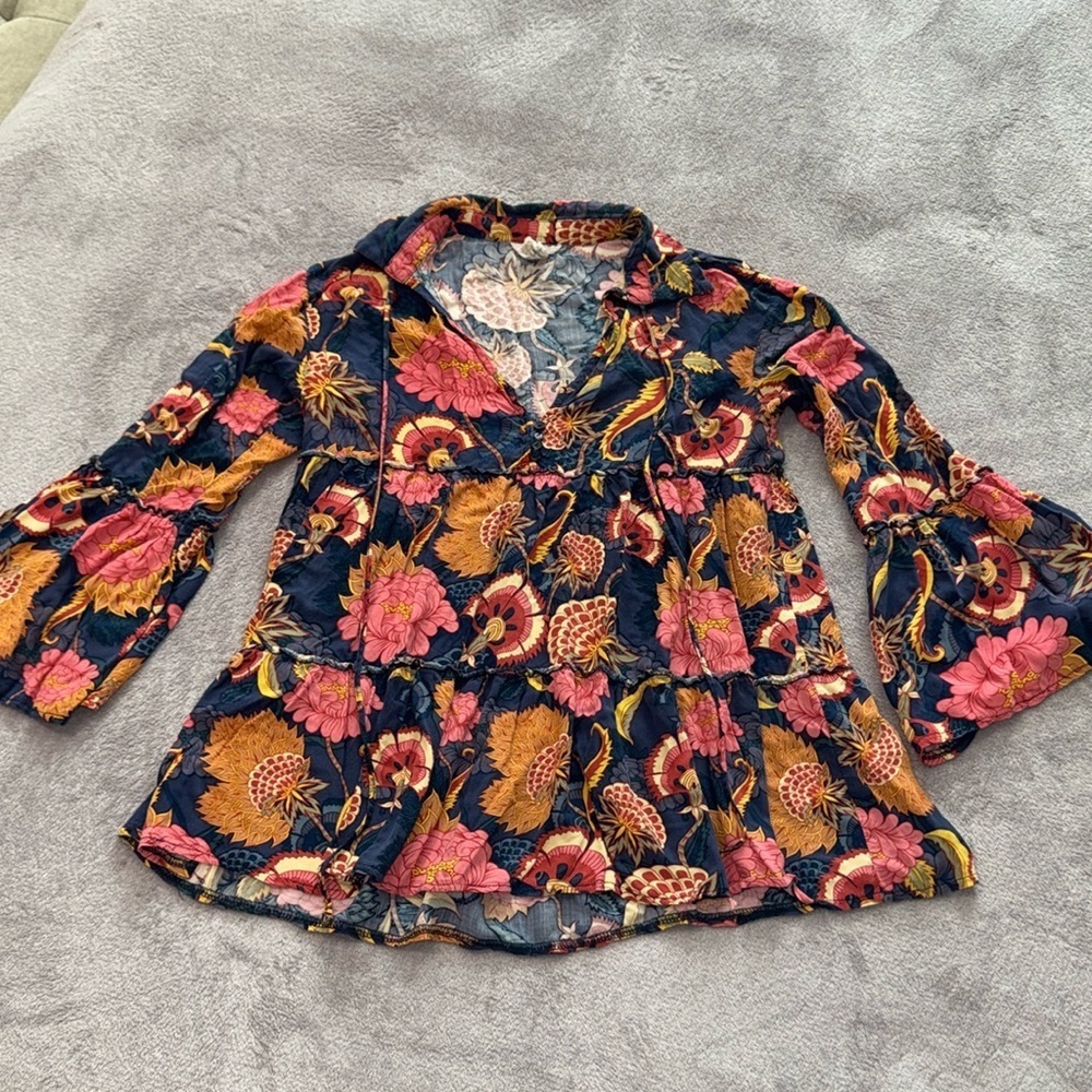 Jaase Bell Hippie Sleeve Pink Blue Floral Boho Hippie Top/Blouse Size Medium